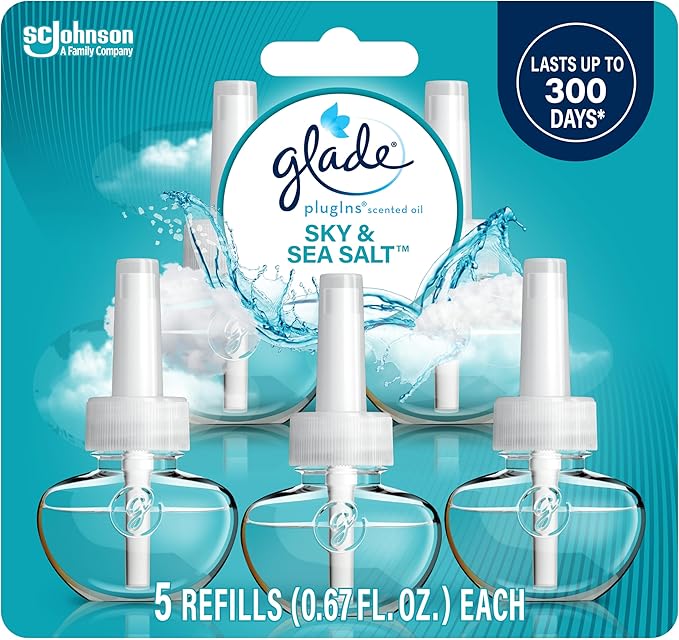 Glade PlugIns Refills Air Freshener, Scented and Essential Oils for Home and Bathroom, Sky & Sea Salt, 3.35 Fl Oz, 5 Count