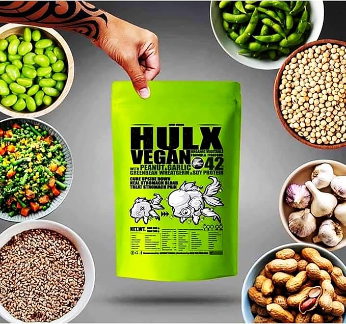 HULX Green Goldfish Food Sinking Pellets for Big Muscle & Mass Weight Gain, Whey Mixed High Protein 60% Fish Food Growth Fast Formula 600 Gram. 1mm, Healthy, Color Enhancing Clear Water Fish Feed