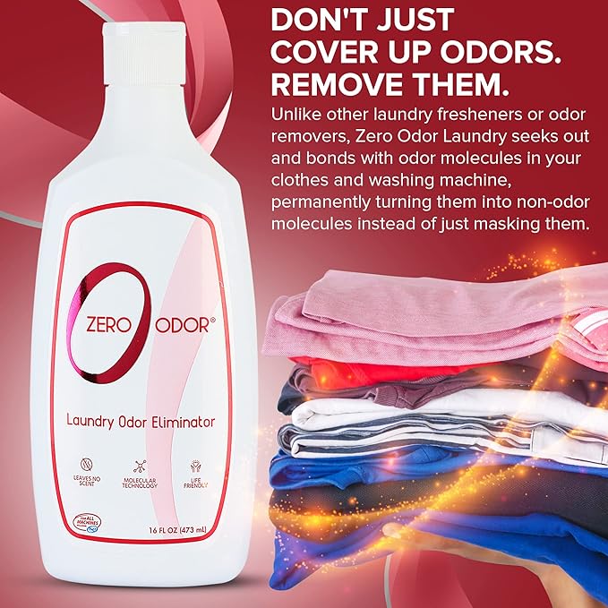 Zero Odor – Laundry Odor Eliminator - Permanently Eliminate laundry Odor – Patented Molecular Technology Best For Clothes, Towels & Linens, Shoes, Bags, Etc. - rinse and refresh Again, 16oz (3-Pack)