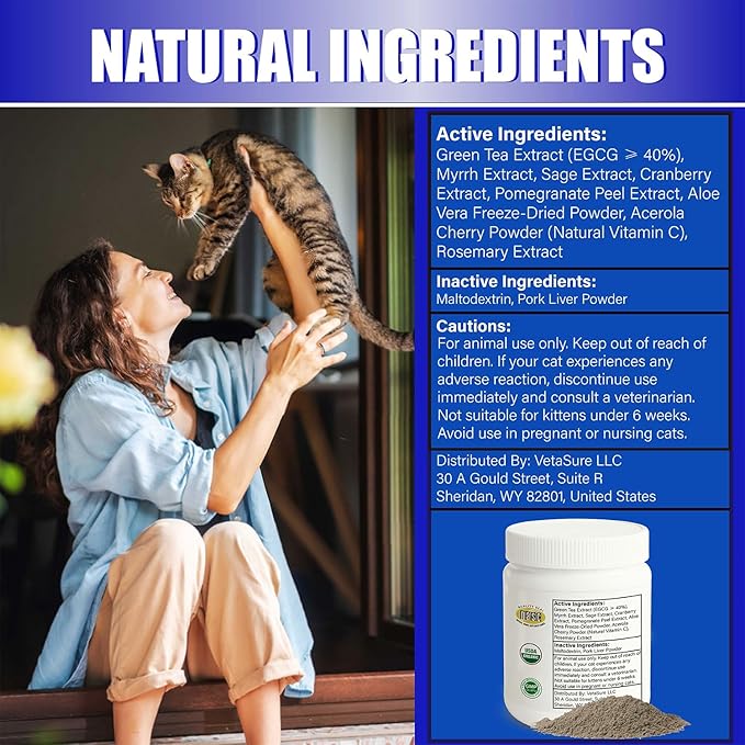 Cat Gingivitis Treatment – Natural Tartar & Bad Breath Support with Probiotics – Easy to Use Oral Care for Teeth, Cat Gums & Gut Dental Powder
