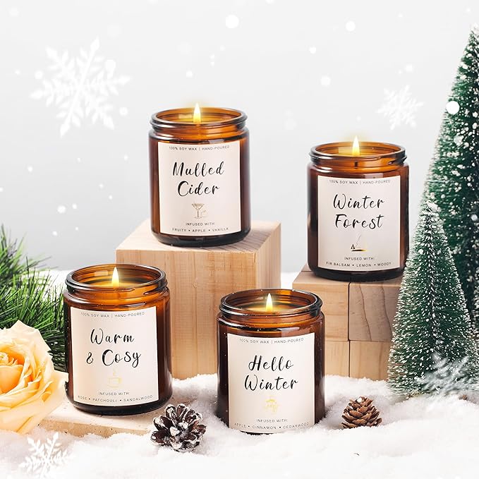 Christmas Scented Candle Gift Set for Women – 4 Pack Winter Soy Candles with Apple Cinnamon, Fir Balsam, Mulled Cider, Sandalwood – Holiday Gifts for Her, Home Décor