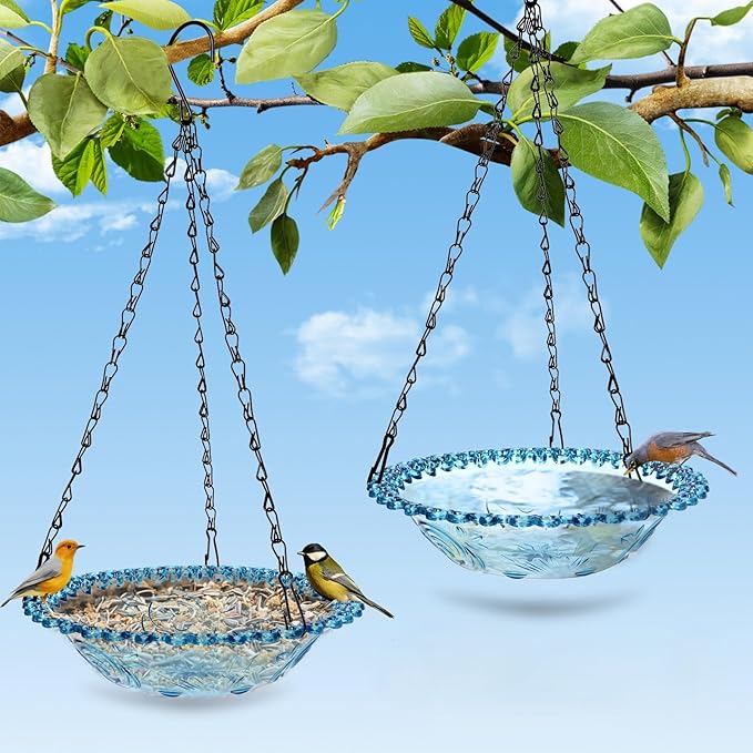 2 Pack Hanging Bird Baths, Hanging Bird Feeders for Outdoors, Bird Water Bowl for Garden Yard Decor(Plastic, Blue Color)