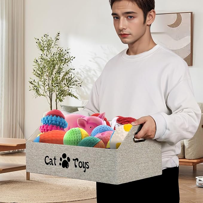 Cat Toy Basket, Kitten Toys Storage Organizer Foldable Fabric Bin Pet Supplies Chest Holder Trapezoid Container with Metal Handles for Organizing Cats Clothes Accessories, Beige