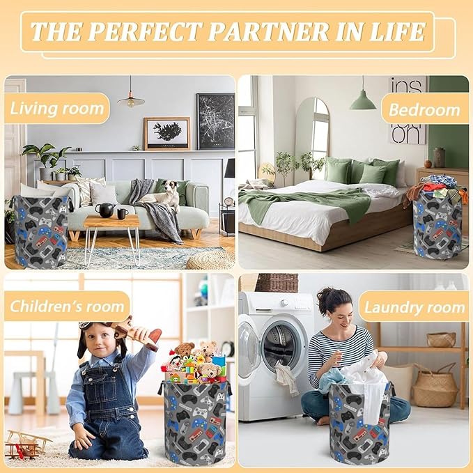 Video Game Grey Background Laundry Hamper Bag With Waterproof Liner - Gaming Theme Round Laundry Basket Foldable Clothes Storage Organizer For Bathroom Bedroom Nursery Dorm, M-19.6"X 15.7"