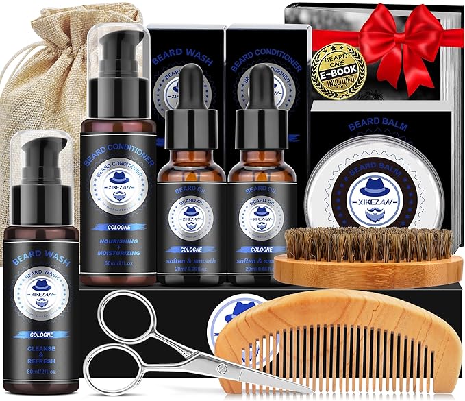 XIKEZAN Beard Care Shaving & Grooming Sets w/Beard Oil, Cologne Wash Shampoo, Conditioner, Balm, Wash, Scissors,Brush and Comb Set, Stocking Stuffers for Men Him Valentines Fathers Gifts for Dad