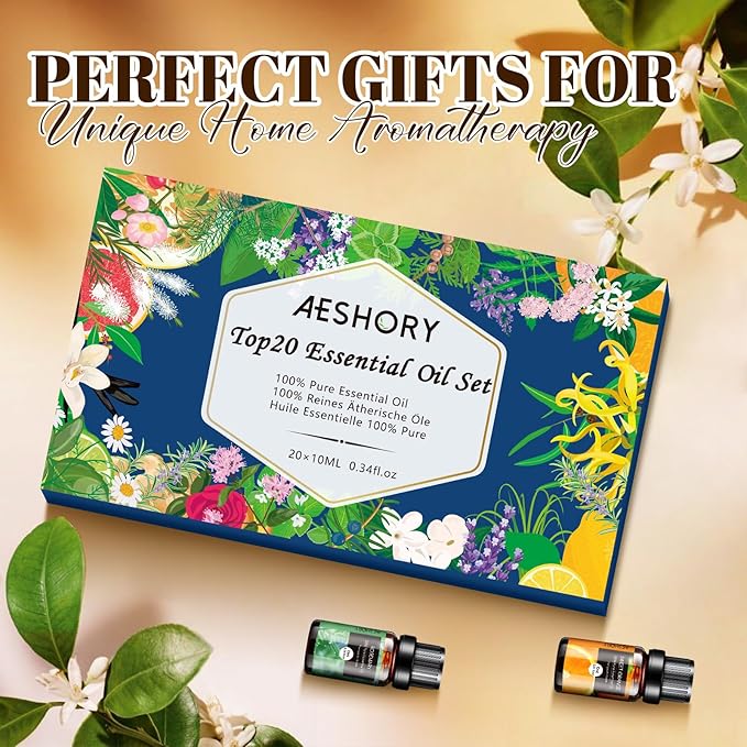 Essential Oils Set, 20x10ml Aromatherapy Essential Oil Kit for Diffuser, Humidifier, Massage, Skin & Hair Care - Lavender, Eucalyptus, Tea Tree, Sweet Orange, Lemongrass and Peppermint