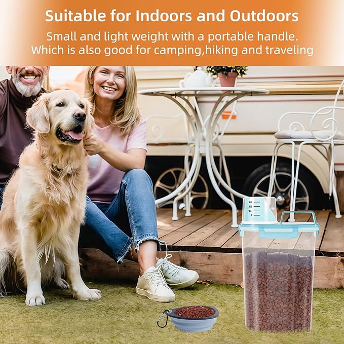 3-5Lbs/3Qt Dog Cat Food Storage Container With foldable bowl. Plastic Pet Food Dispenser for Small Animal Kibble/Pet Food/Bird Seed/Oatmeal/Rice/Flour/Brown Sugart/Cereals (Clear Bule)