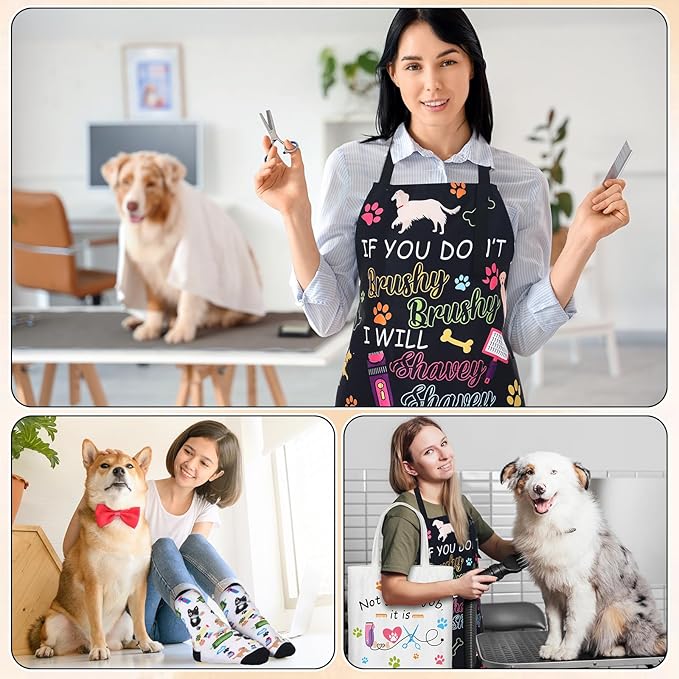 6 Pcs Christmas Dog Groomer Gift Set Include Waterproof Oil Proof Apron Mug Keychain Canvas Tote Bag Cosmetic Bag Socks for Dog Trainer Groomer Birthday Gifts