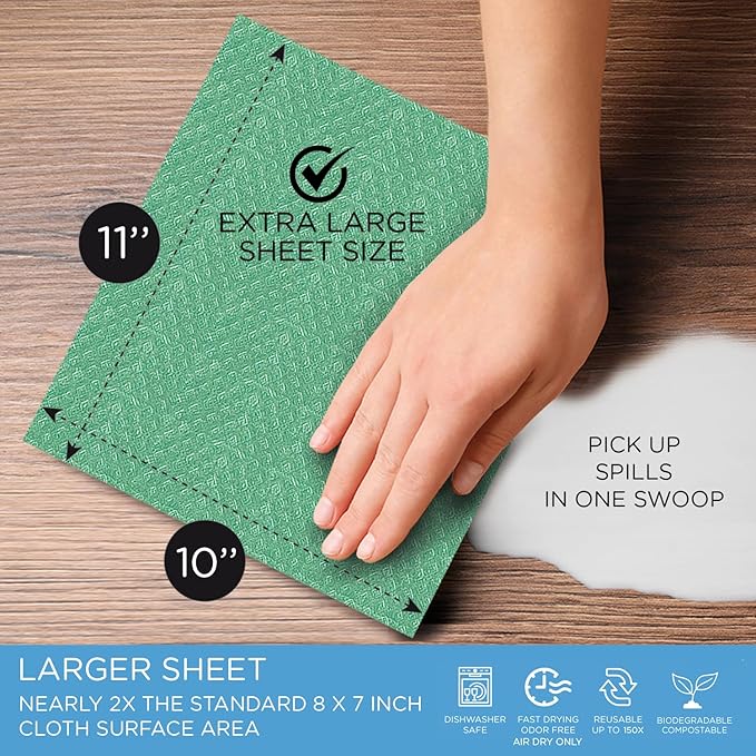 LOLA Wowables XL Swedish Dishcloths, 30 Reusable Eco Cleaning Cloths, 11" x 10", Ultra Absorbent Cellulose Sponge Towel, Compostable, Made in Germany