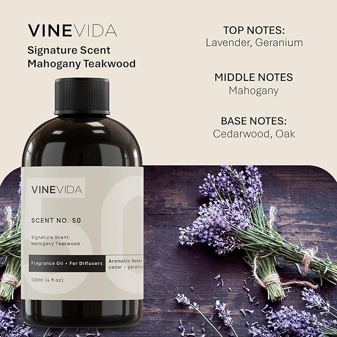 VINEVIDA Mahogany Teakwood Fragrance Oil for Cold Air Diffusers - 4 Fl Oz - Essential Oils for Diffuser Oil Refill & Air Freshener Room Spray