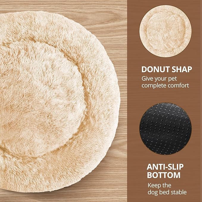 JOLLYVOGUE Small Dog & Cat Beds for Indoor Cats, Donut Cuddler Warming Soft Dog Beds with Anti-Slip Bottom, Round Calming Fluffy Plush Faux Fur Cushion Bed for Small Dogs (23", Off White)