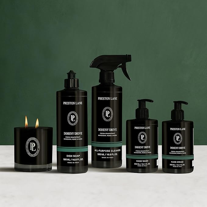 Preston Lane Signature Home Set – All Purpose Cleaner, Dish Soap, Hand Wash, Hand Cream & Scented Candle | Plant-Powered Cleaning & Care Essentials with Fine Italian Fragrance, Doheny Drive
