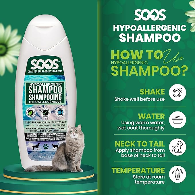 Soos Pet Dog Shampoo for Cats and Pets Hypoaller-genic Natural Dead Sea Minerals Fast Absorbing with Vitamins Essential Oils Natural Elements Antiba-cterial - 1x Pet Shampoo (500ml)