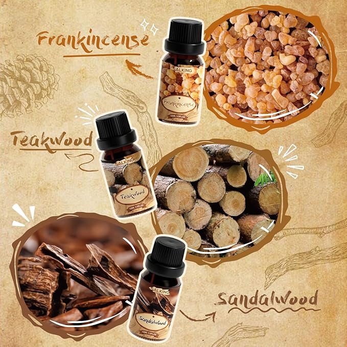 SALKING Woody Essential Oils Gift Set, Natural and Pure Aromatherapy Fragrance Oils for Diffuser, Humidifier, Massage- Frankincense, Teakwood, Sandalwood, Cypress, Cedarwood, Patchouli