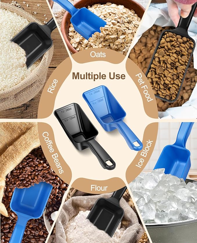 2-Pack Dog Food Scoop 1 Cup, Plastic Pet Food Measuring Scoop With Measuring Lines (1/2 & 1 Cup Markings) for Dogs, Cats, Fish, Bird（Black and Blue)