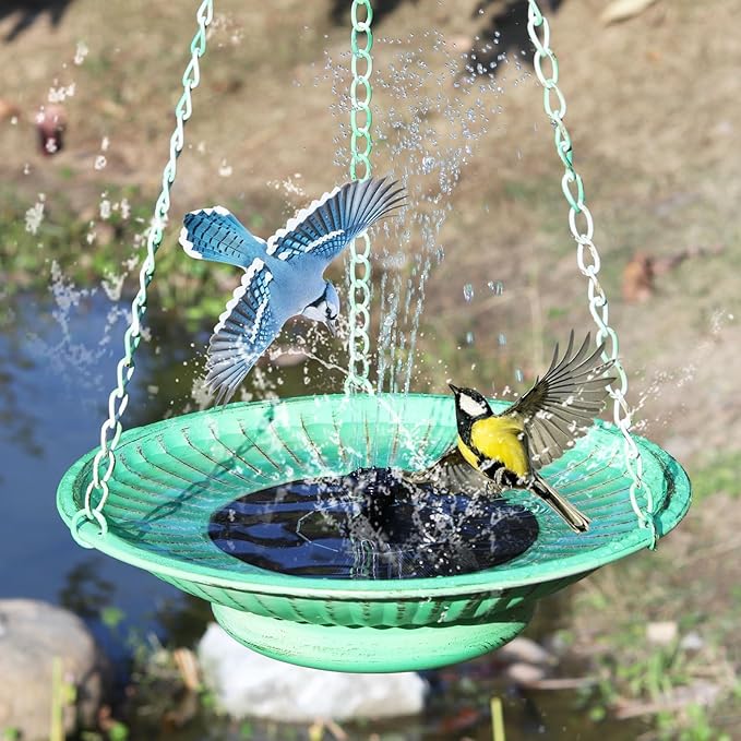 12.3" Hanging Bird Bath with Solar Fountain Bird Bath Bubbler，Birdbath Fountain for Garden Patio Decor,Green