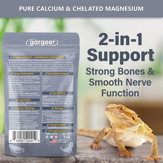 'Magnesium & Calcium' Supplement for All Reptiles | Dual Mineral Support for Strong Bones, Muscle & Nerves Function | Chelated Magnesium for Better Absorption | 3oz | Made in USA