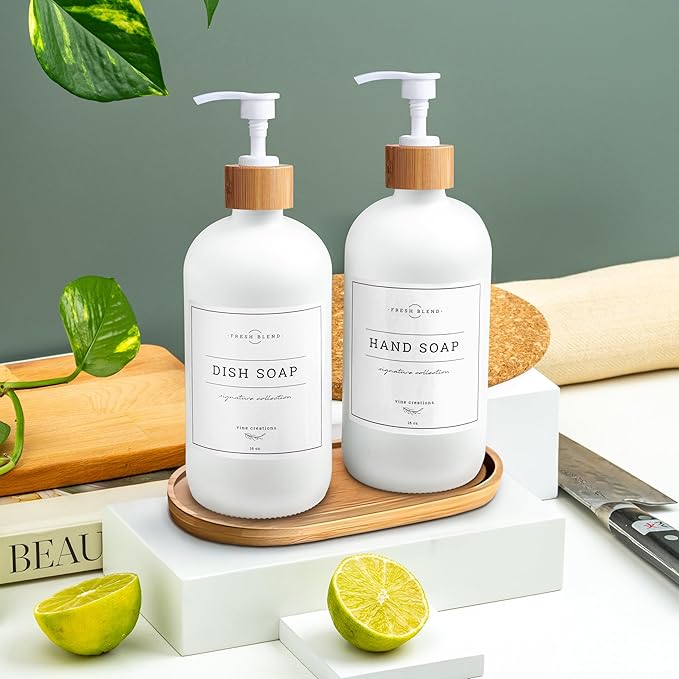 Vine Creations White Glass Soap Dispenser Set - Kitchen Soap Dispenser Set with Tray - Bamboo Dish Soap and Hand Soap Dispensers Set for Bathroom - White Kitchen Decor with Waterproof Labels
