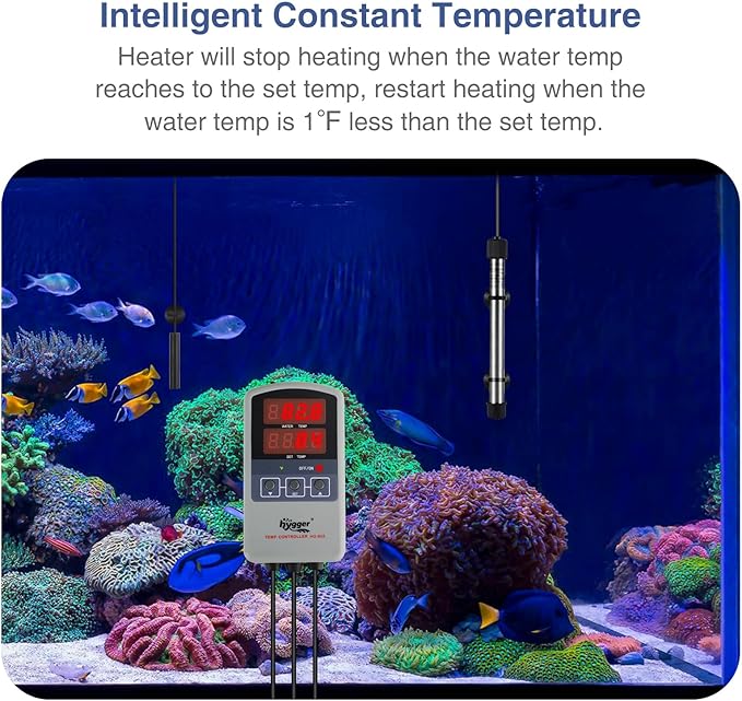hygger Marine 50W Titanium Aquarium Heater for Salt Water and Fresh Water, Digital Submersible Heater with External IC Thermostat Controller and Thermometer, Fish Tank Heater for Fish Tank 5-10 Gallon