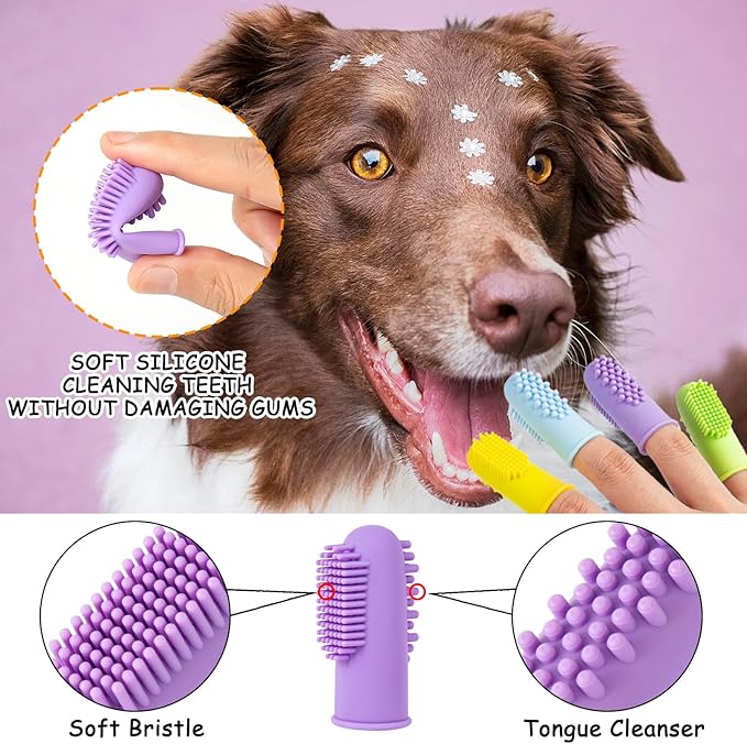 Ponpon 3PCS Dog Bath Brush with 4Pcs Toothbrush, Scrubber and Shampoo Brush with Adjustable Ring Handle, Shower Brush for Long and Short Hair
