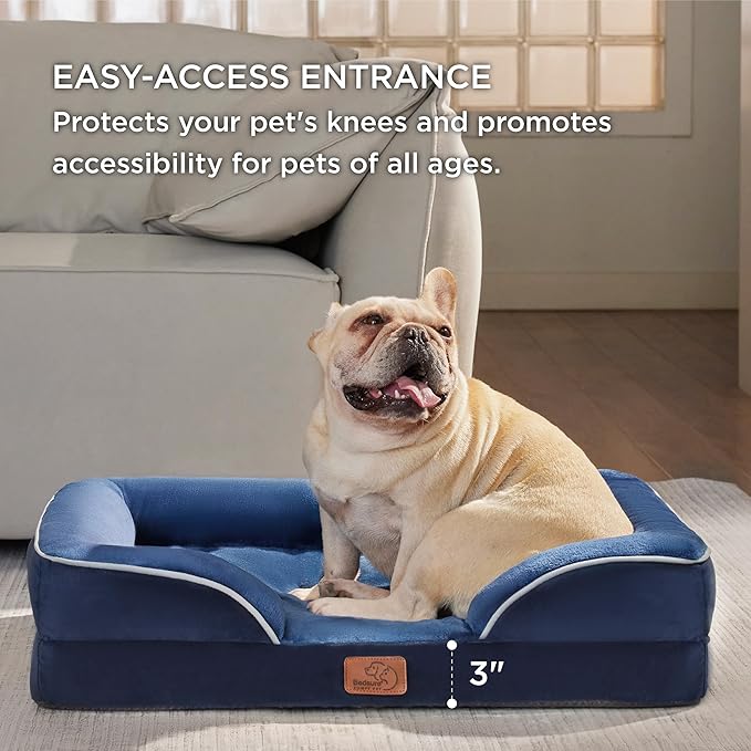 Bedsure Orthopedic Dog Bed Medium Size Dogs - Washable Medium Dog Cat Bed Waterproof, Comfort Pet Couch Sofa with Washable Removable Cover, Pets Bed with Nonskid Bottom, Blue Navy, 28"