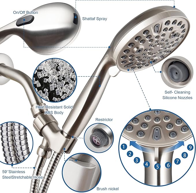 High Pressure Handheld Shower Head, 10-Setting Showerhead, 4.7”Detachable Showerhead Set with 5ft Hose, Adjustable Bracket and Built-in Power Wash to Clean Tub, Tile & Pets - Brush Nickel