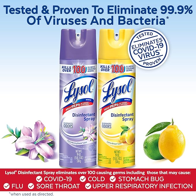 Lysol Disinfectant Spray Bundle, Sanitizing And Antibacterial Spray, For Disinfecting And Deodorizing, contains x2 Lemon and Early Morning Breeze, 19 Fl Oz, Packaging May Vary
