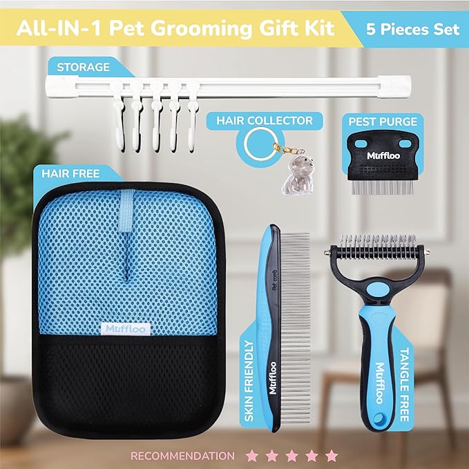 Pet Hair Removal Glove & Dematting Brush Gift Set: 6 Tools for Dogs and Cats- Pet Hair Removal Tool, Undercoat Rake, Grooming Rake, Dog Hair Keychain- for Golden Retrievers & Long Hair- for Car & Rug