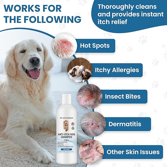 We Love Doodles Anti Itch Dog Shampoo & Slicker Brush - for Sensitive Skin, Dry Skin Treatment, Great for Allergies, Itching Skin, Hot Spots, Allergy Relief, for Grooming Pet Hair, Made in USA