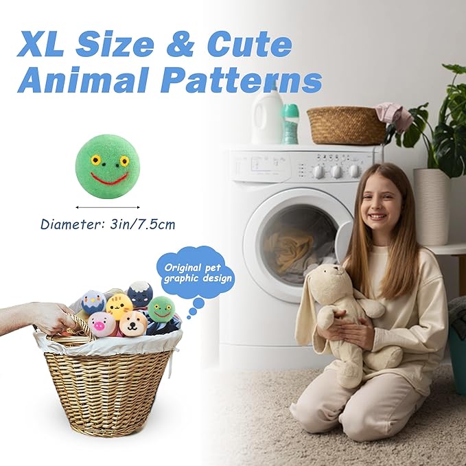 Wool Dryer Balls XL Size 6 Pack - Fun Dryer Balls with Animal Faces Handmade New Zealand Wool Balls for Dryer Cute Dryer Balls Laundry Reusable Anti Static Natural Fabric Softener