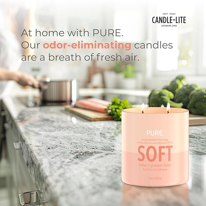 Candle-Lite Pure Amber & Geranium Flower Odor Eliminating Scented Candles, Neofresh Technology Eliminates 99.9% of Odors, 16 oz 2-Wick Jar, Proudly Poured in The USA, Up to 60 Hours Burn Time