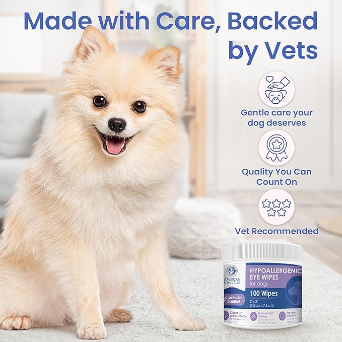 AKC Pet Eye Wipes for Dogs & Cats – Tear Stain Remover & Eye Discharge Cleaner – Hypoallergenic Grooming Wipes, 100 Count (Lavender Scent)