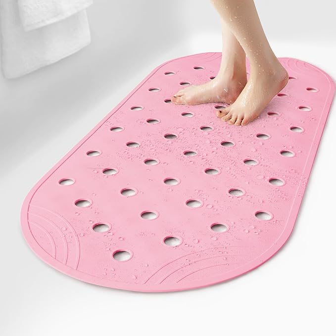 Rubber Bathtub Mat Shower Mat Non-Slip, 31x14 Inch, Bath Tub Floor Mat with Suction Cups and Drainage Holes, Pink