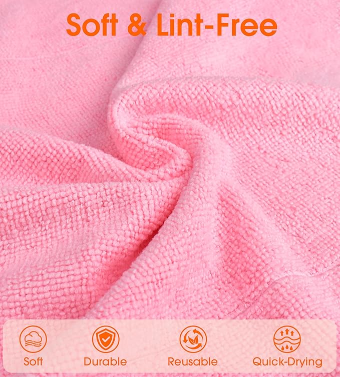 Roll of Microfiber Cleaning Cloth –100 Pack, Tear Away Microfiber Towels, Reusable, Washable, Scratch-Free, Cleaning Supplies,Kitchen Towels for Car, Home, Kitchen, Dishes (Pink)