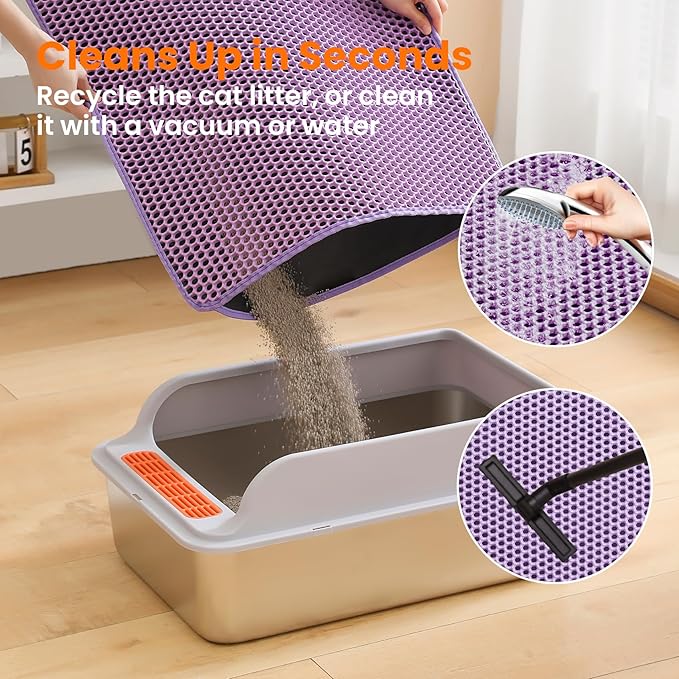 Small Cat Litter Mat, 20x14’’ Double Layer Honeycomb Cat Litter Box Mat, Non Slip Waterproof Urine Proof Litter Trapping Mat for Floor, Kitty Litter Pad, Indoor Pet Supplies, Purple