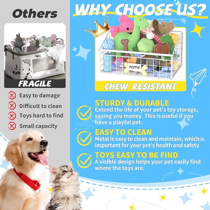 Indestructible Dog Toy basket, Small Toy Box for Dogs, Pet Toy Bin Dog Metal Basket for Toys, Dog Toy Storage, Dog Storage Organizer, Cat Dog Toy Box for Living Room Area (White)