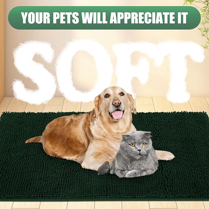 IM HOME Chenille Absorbent Outdoor Doormat 48" x 30", Washable Muddy Door Mats for Dog Non Slip Indoor Doormat Dog Mat for Muddy Paw Front Inside Doormats for Entryway Dark Green