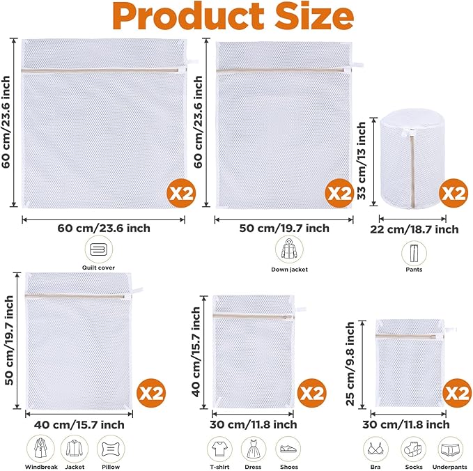 12Pcs Laundry Bags, Mesh Wash Bags, Delicate Laundry Bag with Zipper, Lingerie Bag for Underwear, Clothes, Pants, Shoes, Socks, Hanging Loop and Breathable Fine Net