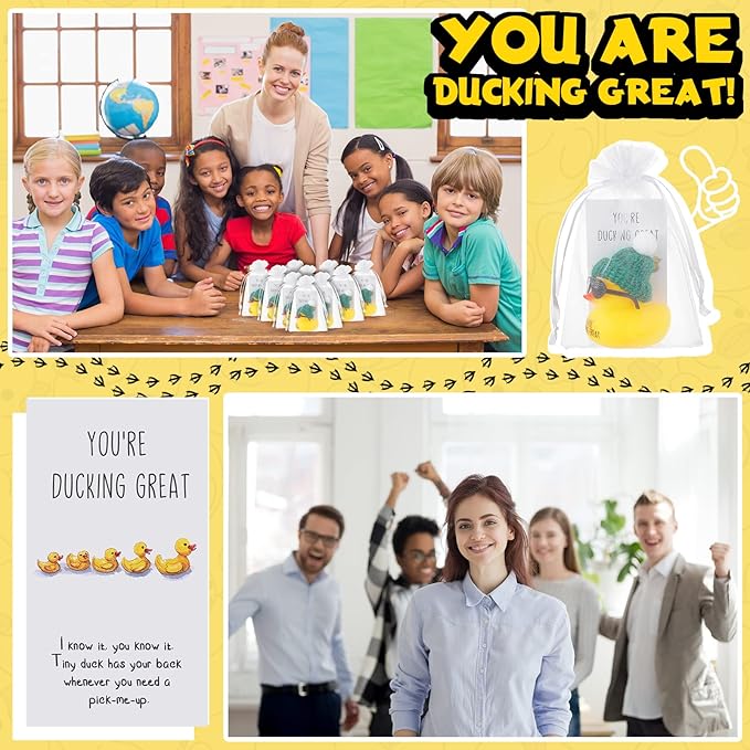 Deekin 30 Sets Thank You Gift Set You're Ducking Great Cheer up Cards Mini Rubber Ducks with Glasses and Hats with Card Organza Bags Bulk Toy for Cruises Kids Coworkers(Delicate,Lively Color)
