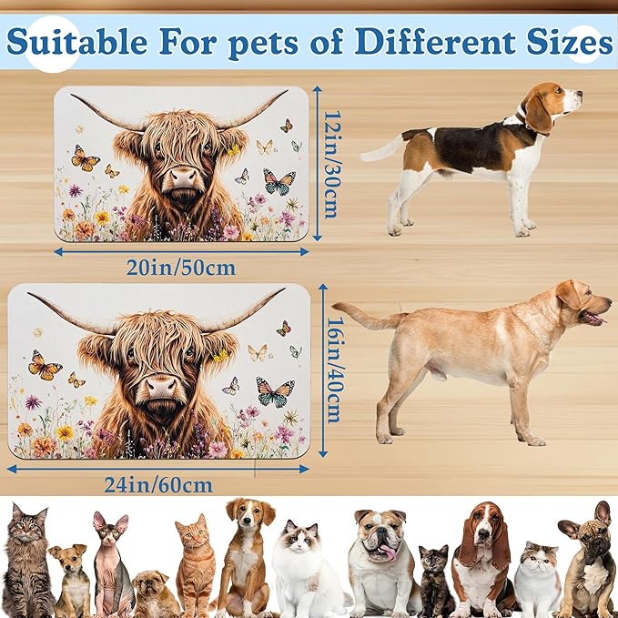 Highland Cow Butterfly Dog Food Mat–Absorbent Quick Dry Feeding Placemat for Food and Water Bowls, Non Slip Rubber Backing, Waterproof Pet Supplies for Mess-Free Eating 12"x20"