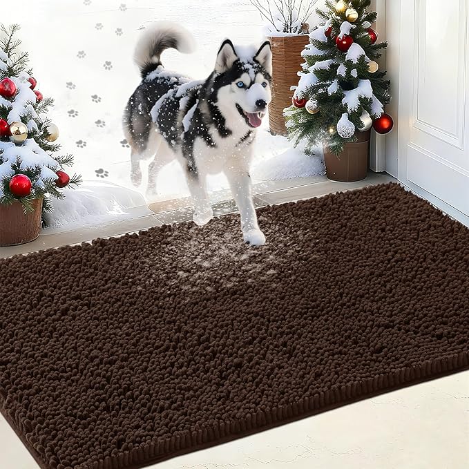 IM HOME Chenille Absorbent Outdoor Doormat 30" x 20", Washable Muddy Door Mats for Dog Non Slip Indoor Doormat Dog Mat for Muddy Paw Front Inside Doormats for Entryway Brown