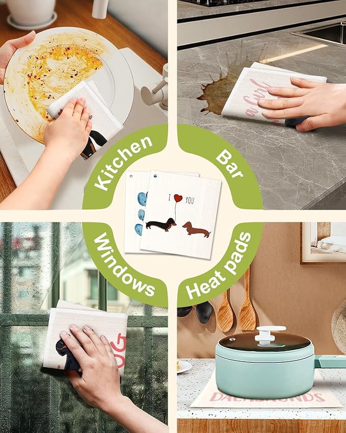 6 Pack Swedish Dishcloths for Kitchen - Reusable Dish Cloths for Washing Dishes Absorbent Cute Funny Kitchen Towels Cleaning Sponge, Love Dachshund
