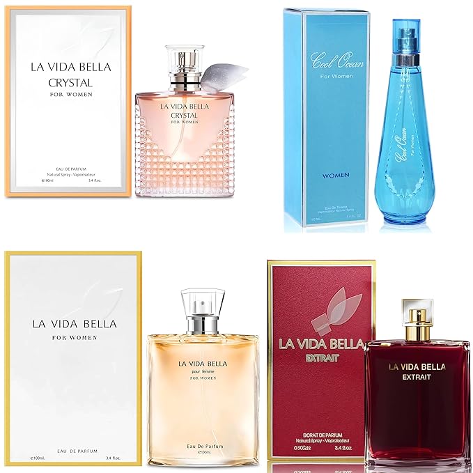 4PCS Perfume Set for Women - Floral Fragrance Gift Set with Vanilla,Sweet Fruity Eau De Pafume| 3.4 Fl Oz Each(La Vida Bella,La Vida Bella Crystal,La Vida Bella Ext,Cool Ocean)