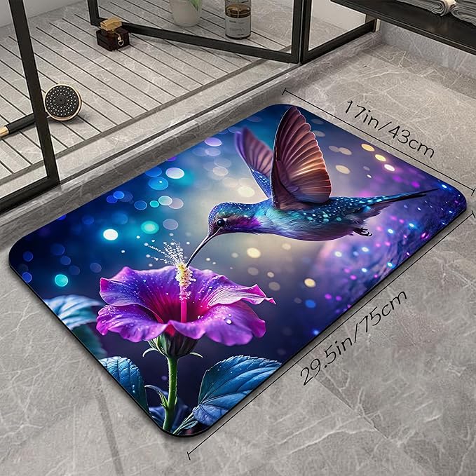 Hummingbird Fantasy Bath Mat, Water Absorbent Quick Dry Thin Bathroom Floor Mat, Rug for Bathroom Kitchen 17"x30"