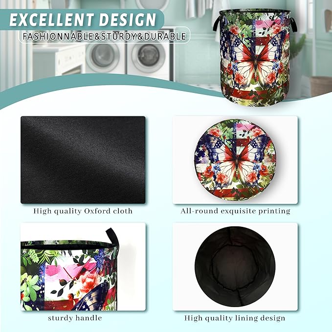 Beautiful Butterfly American Flag Laundry Basket Foldable Oxford Cloth Laundry Hamper With Handle Portable Clothes Storage Basket 18.9 X 16.5 Inch Storage Bag For Laundry Room/Bathroom/Bedroom
