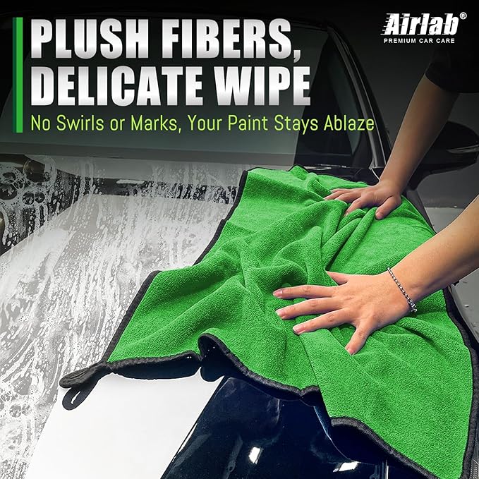 Airlab Microfiber Towels for Cars Wash Drying Thick Plush Cleaning Cloth Auto Detailing Super Absorbent for Interior & Exterior Lint Free, Streak Free, 35 x 24 Inch, 500 GSM, Pack of 2, Grey-Green