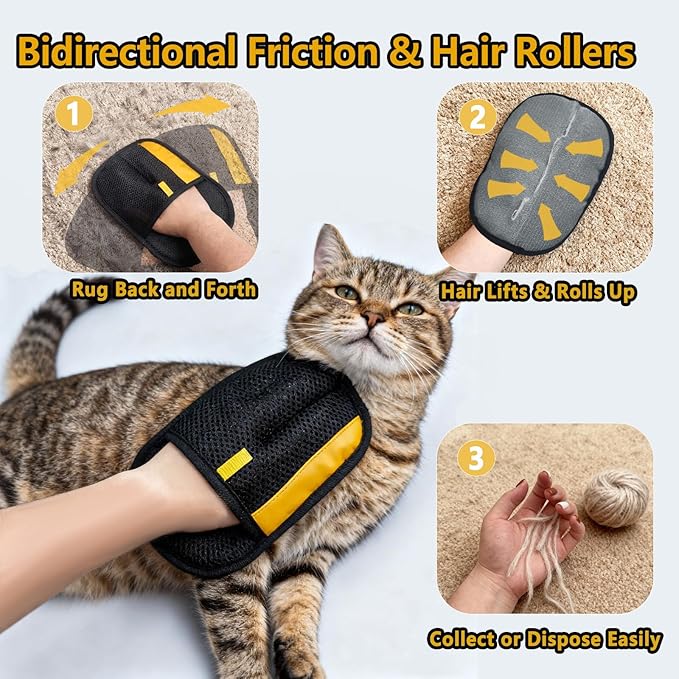 2Pcs Pet Hair Removal Gloves - Large Size Electrostatic Reusable Grooming Glove for Dog Cat Shedding, Washable Fur Remover for Furniture & Laundry (Black/Yellow + Pink)