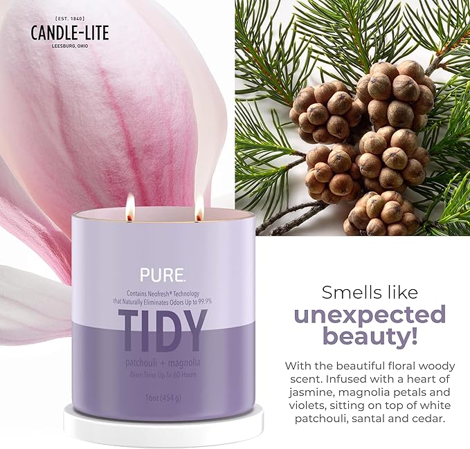 Candle-Lite Pure Patchouli & Magnolia Odor Eliminating Scented Candles, Neofresh Technology Eliminates 99.9% of Odors, 16 oz 2-Wick Jar, Proudly Poured in The USA, Up to 60 Hours Burn Time