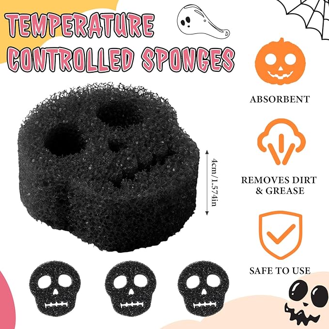 3 Pcs Dual Sided Scrub Sponge Multi Functional Cute Temperature Sensitive Non Scratch Dish Sponge for Washing Dishes Kitchen Bathroom(Skull,Black)