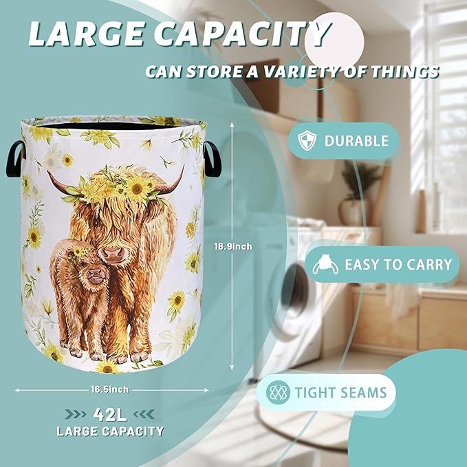 Highland Cow Laundry Hamper Sunflower Flowers Laundry Basket With Handles Foldable Oxford Cloth Colorful Tote Bag Clothes Toy Storage Bucket 8.9" x 16.5" For Bathroom/Laundry/Bedroom